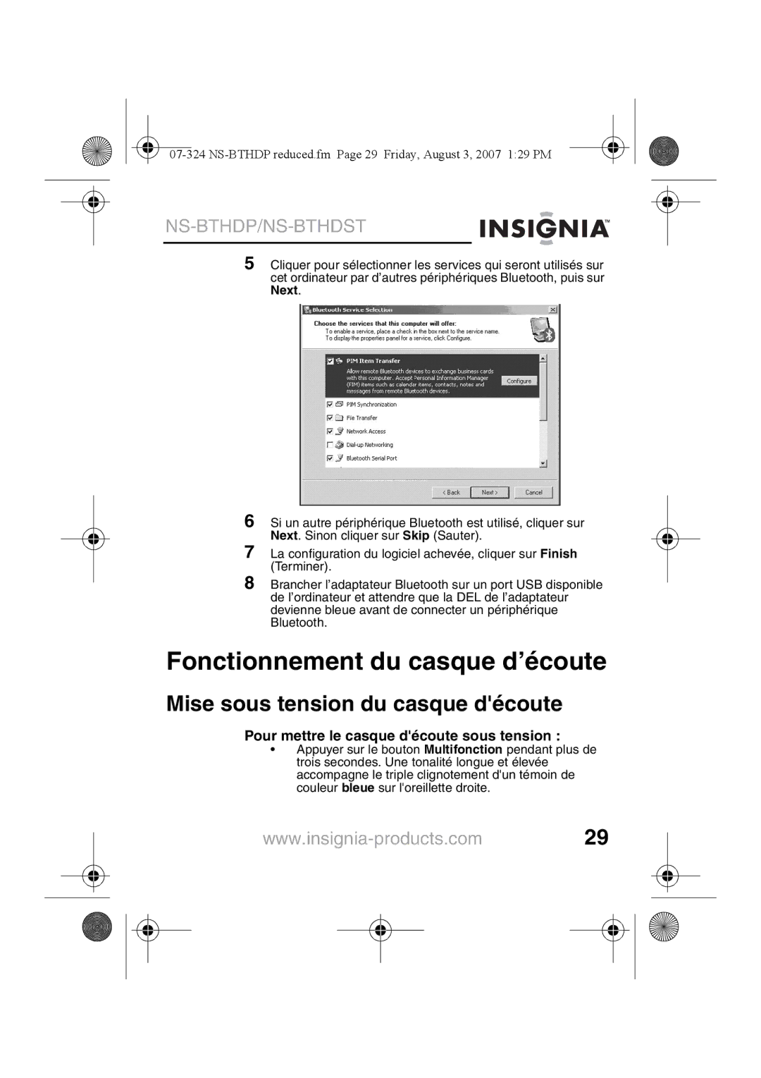 Insignia NS-BTHDST manual Fonctionnement du casque d’écoute, Mise sous tension du casque découte 