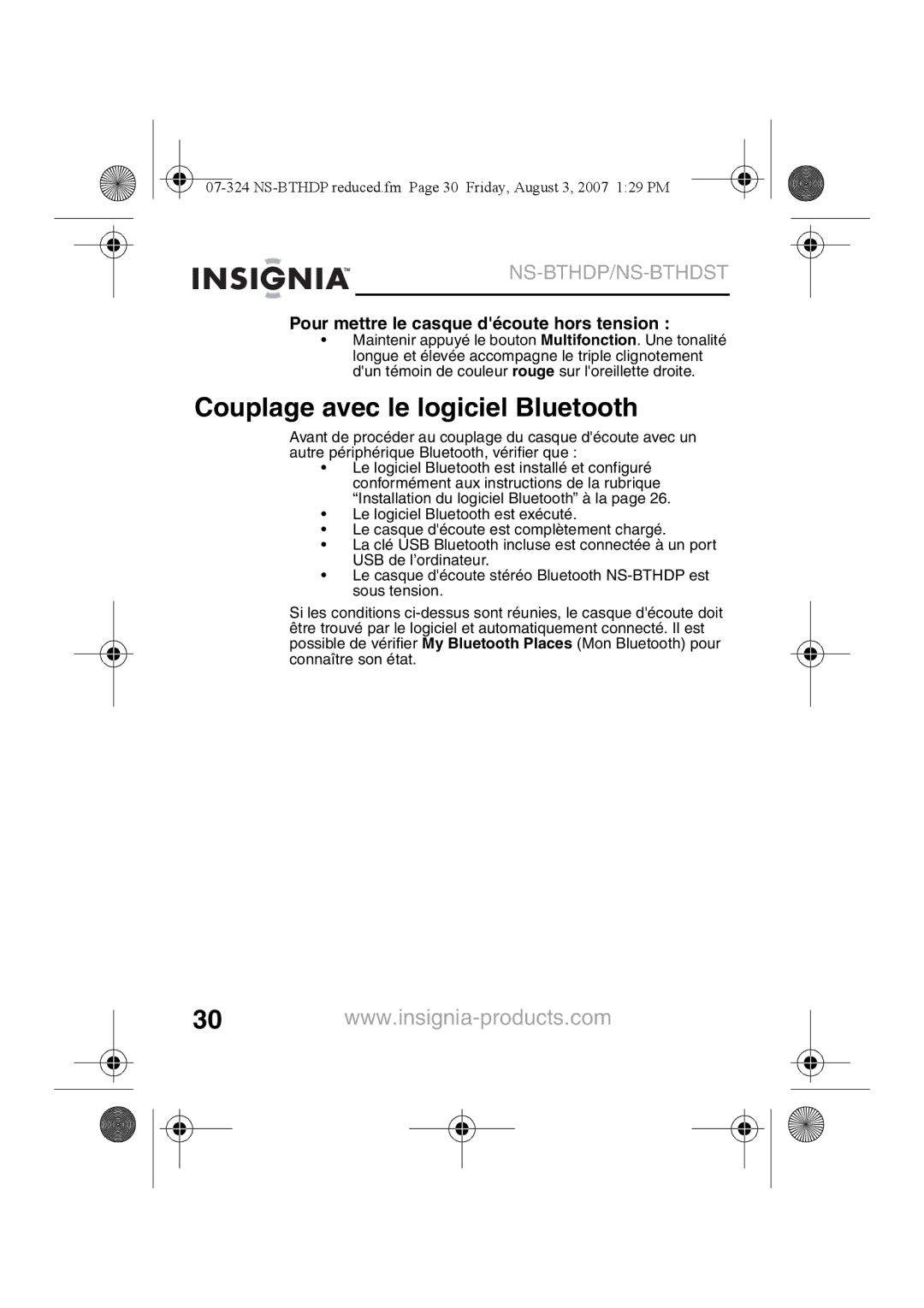 Insignia NS-BTHDST manual Couplage avec le logiciel Bluetooth, Pour mettre le casque découte hors tension 