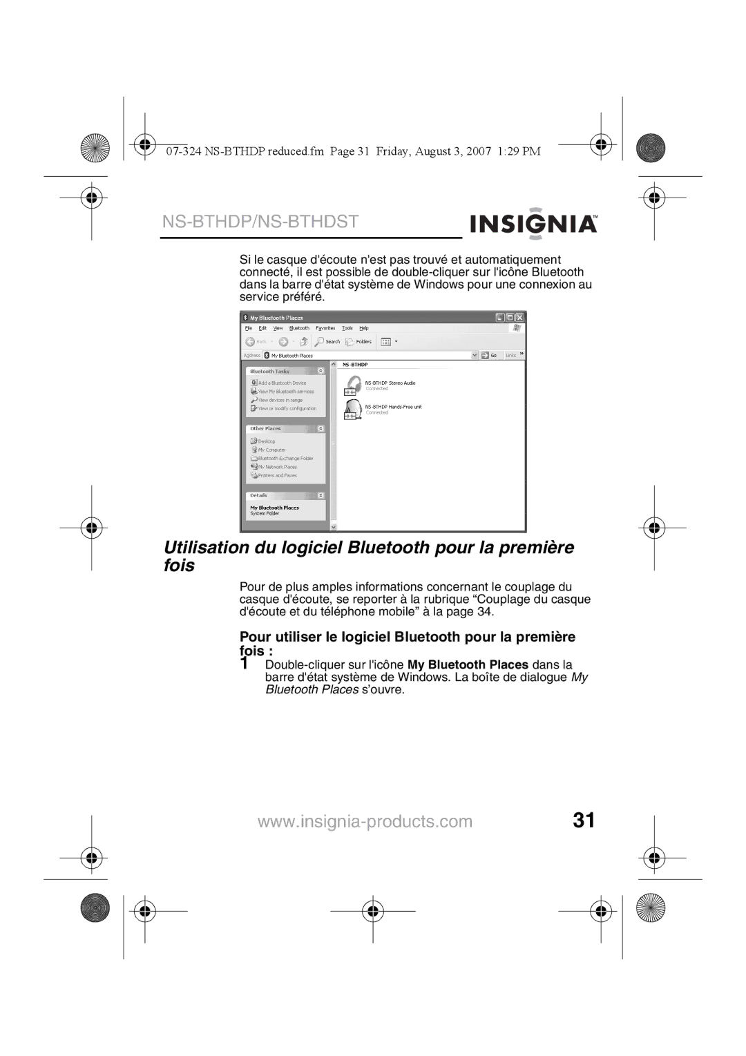 Insignia NS-BTHDST manual Utilisation du logiciel Bluetooth pour la première fois 