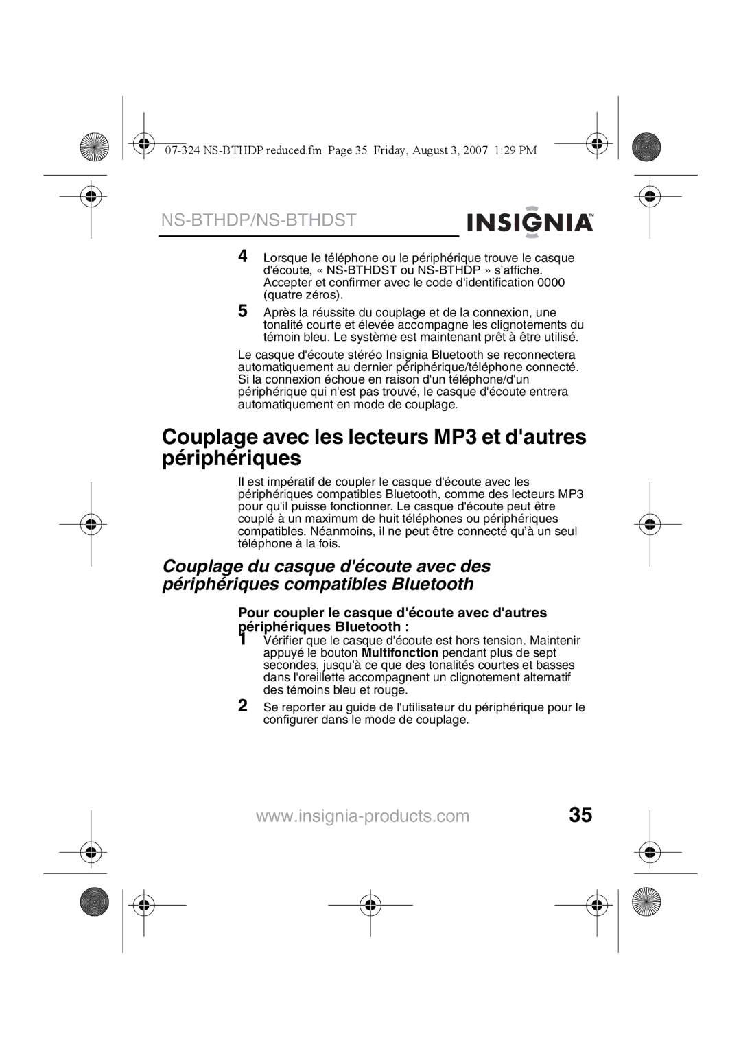 Insignia NS-BTHDST manual Couplage avec les lecteurs MP3 et dautres périphériques 