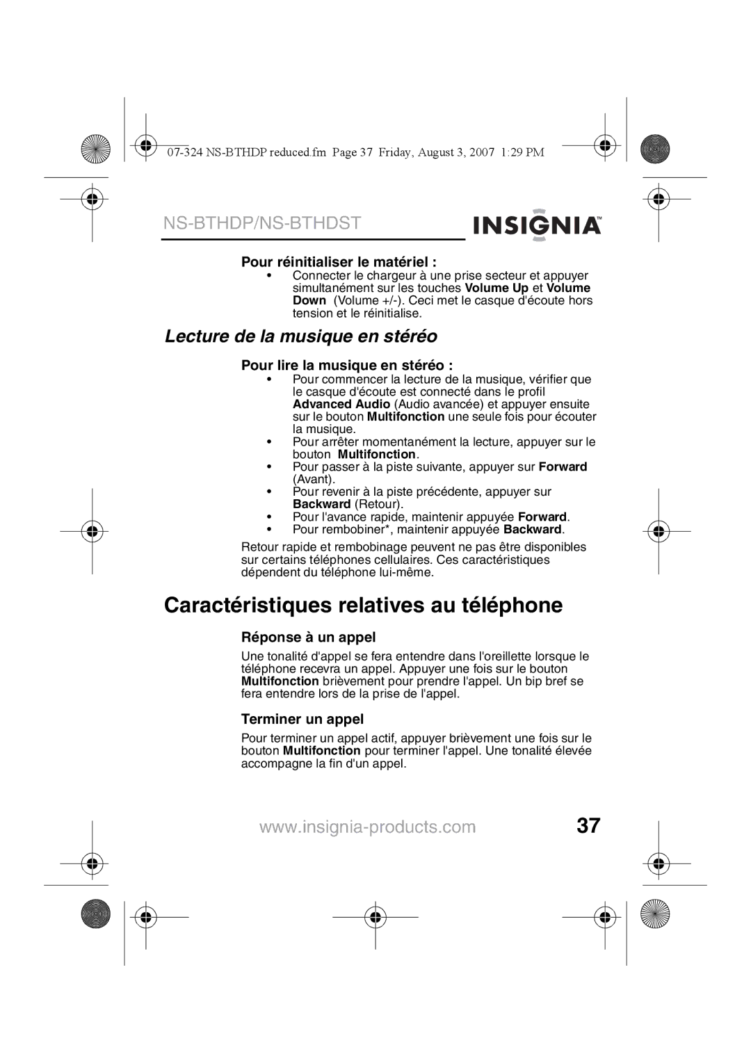 Insignia NS-BTHDST manual Caractéristiques relatives au téléphone, Lecture de la musique en stéréo 