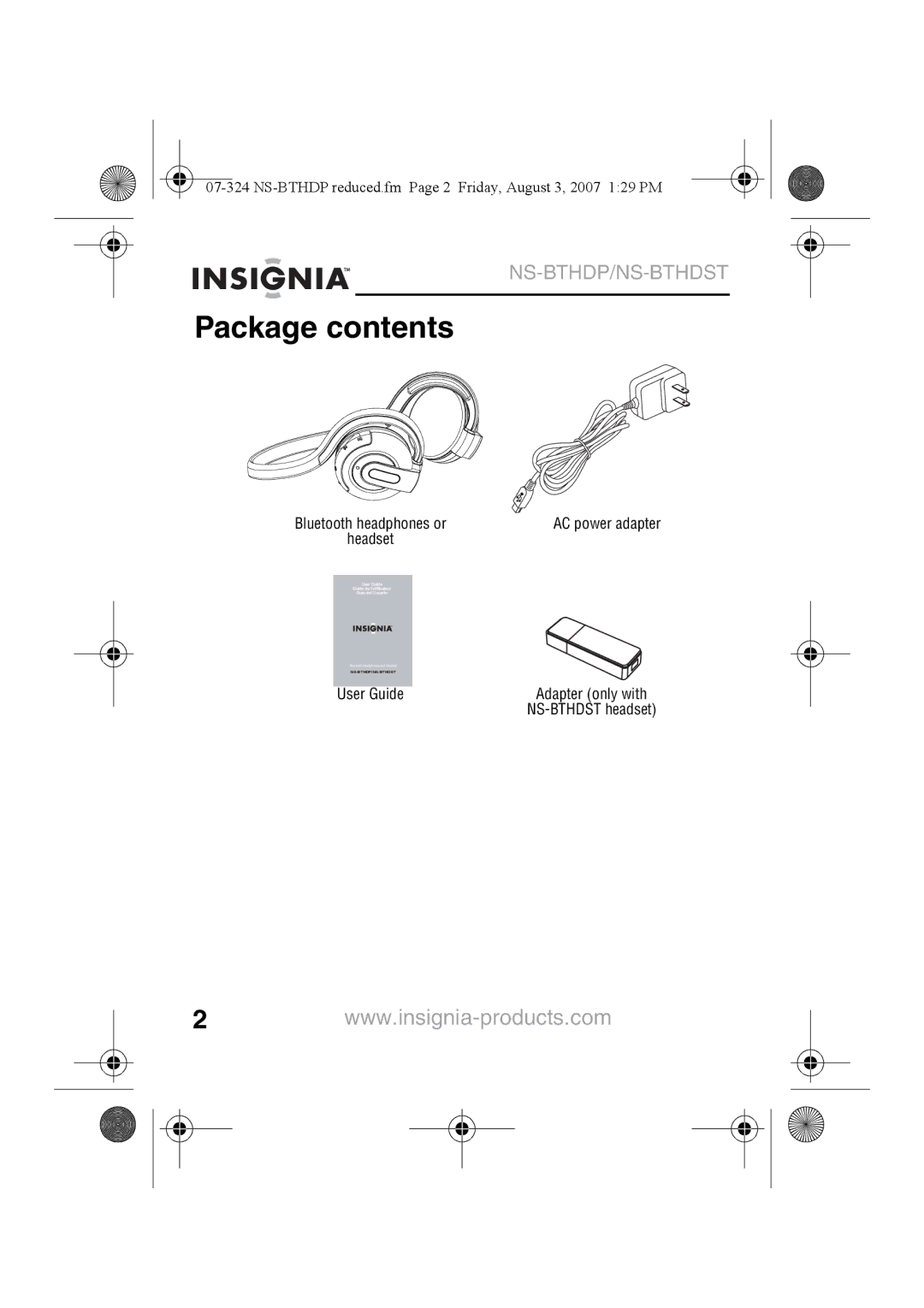 Insignia NS-BTHDST manual Package contents 