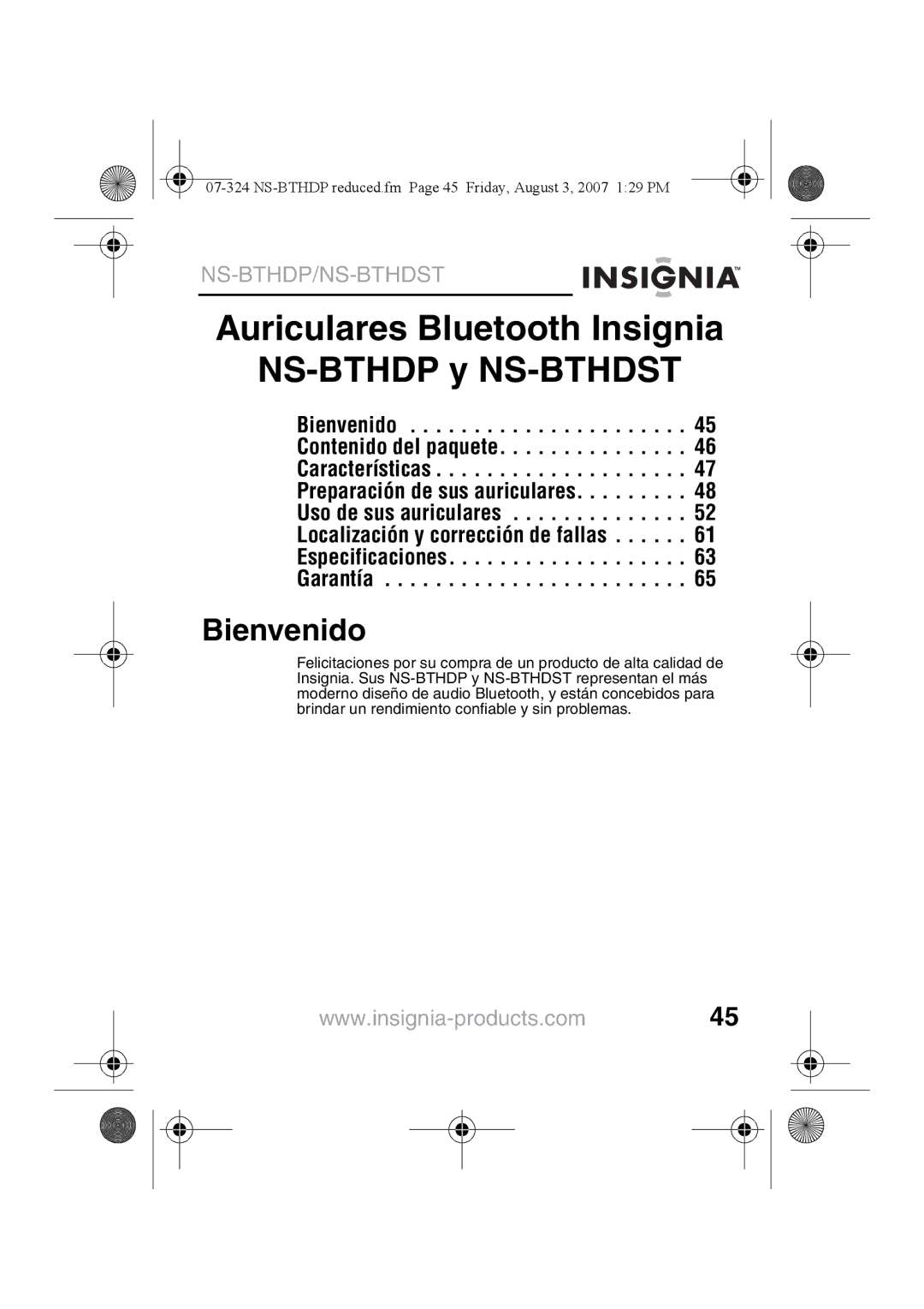 Insignia manual Auriculares Bluetooth Insignia NS-BTHDP y NS-BTHDST, Bienvenido 