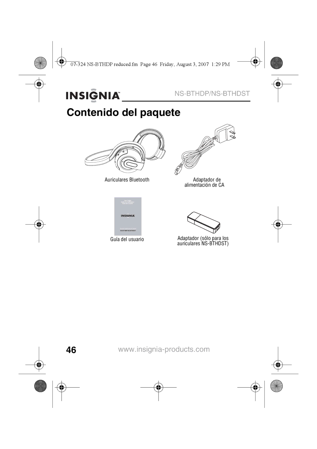 Insignia NS-BTHDST manual Contenido del paquete, Auriculares Bluetooth Adaptador de 