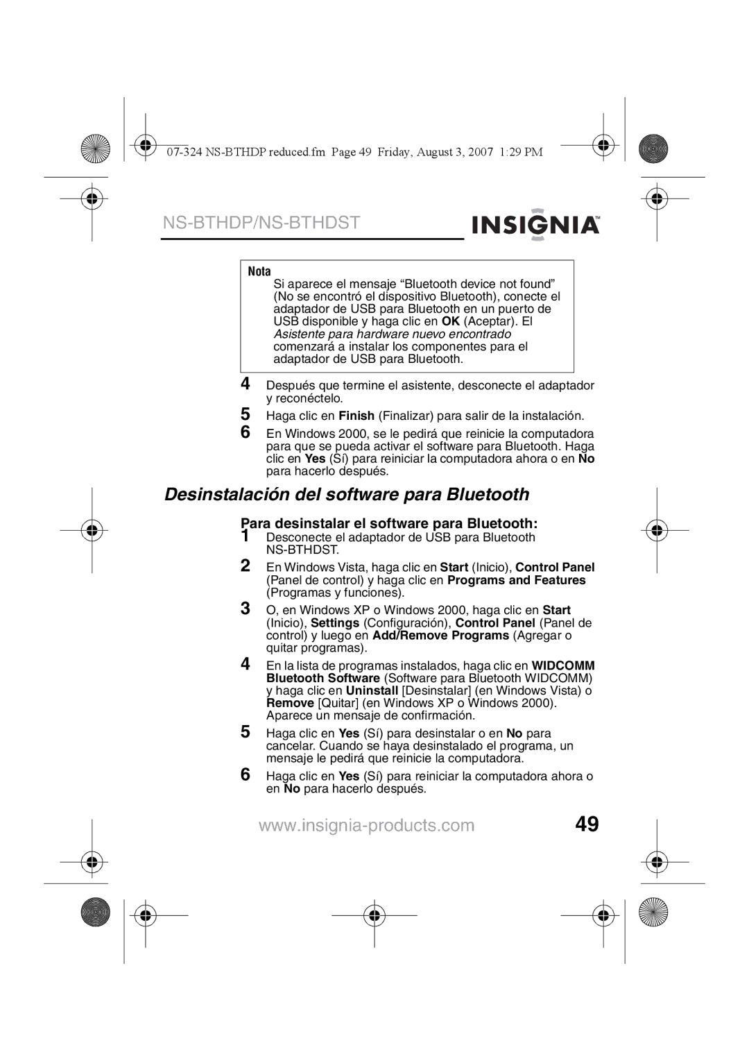 Insignia NS-BTHDST manual Desinstalación del software para Bluetooth, Para desinstalar el software para Bluetooth 