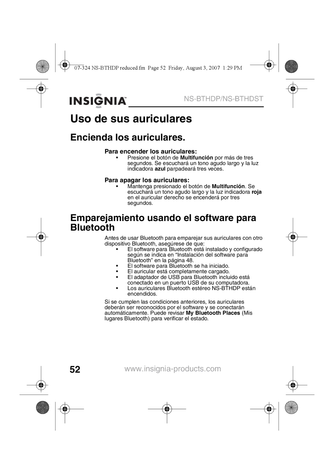 Insignia NS-BTHDST Uso de sus auriculares, Encienda los auriculares, Emparejamiento usando el software para Bluetooth 