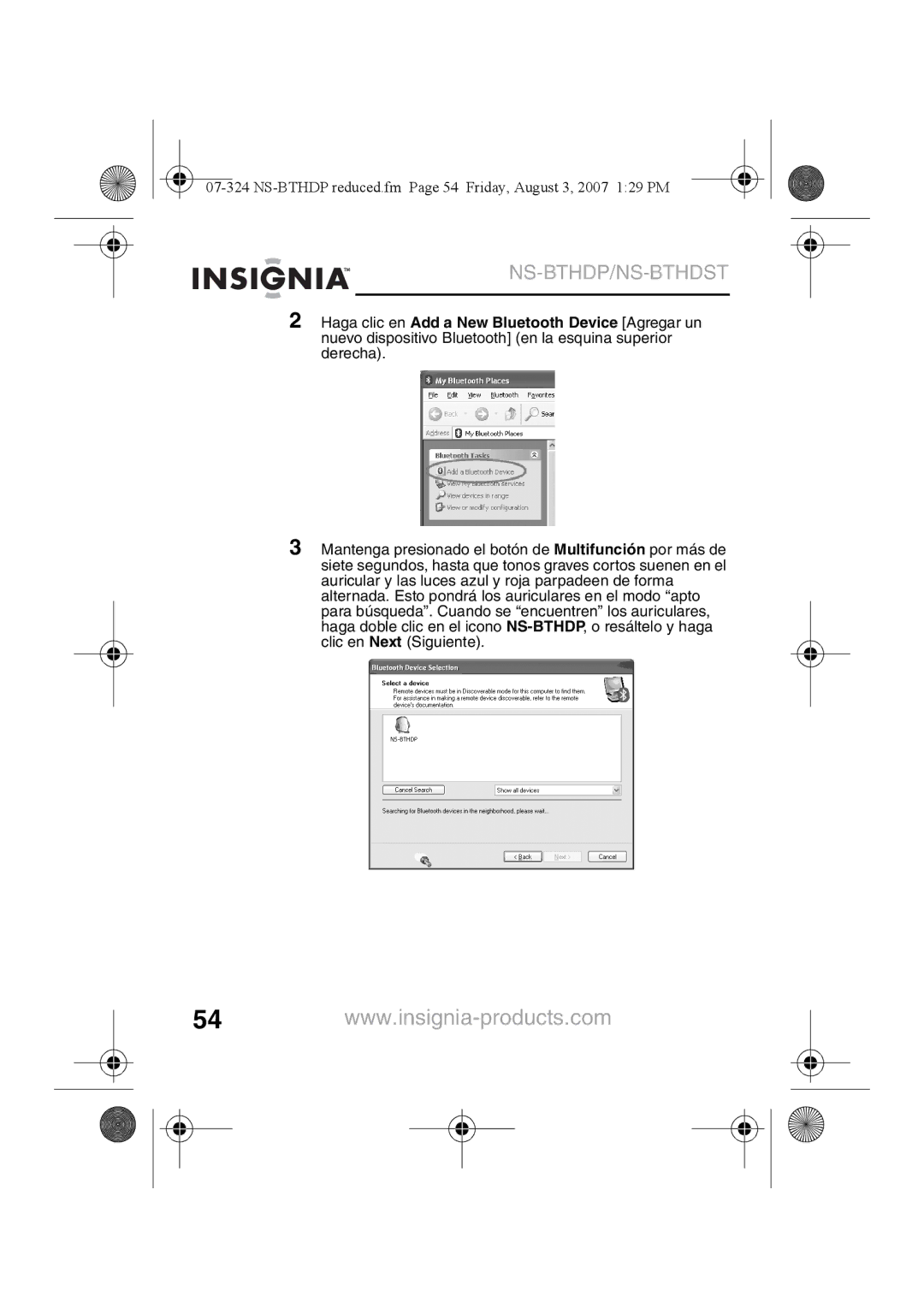 Insignia NS-BTHDST manual NS-BTHDP reduced.fm Page 54 Friday, August 3, 2007 129 PM 