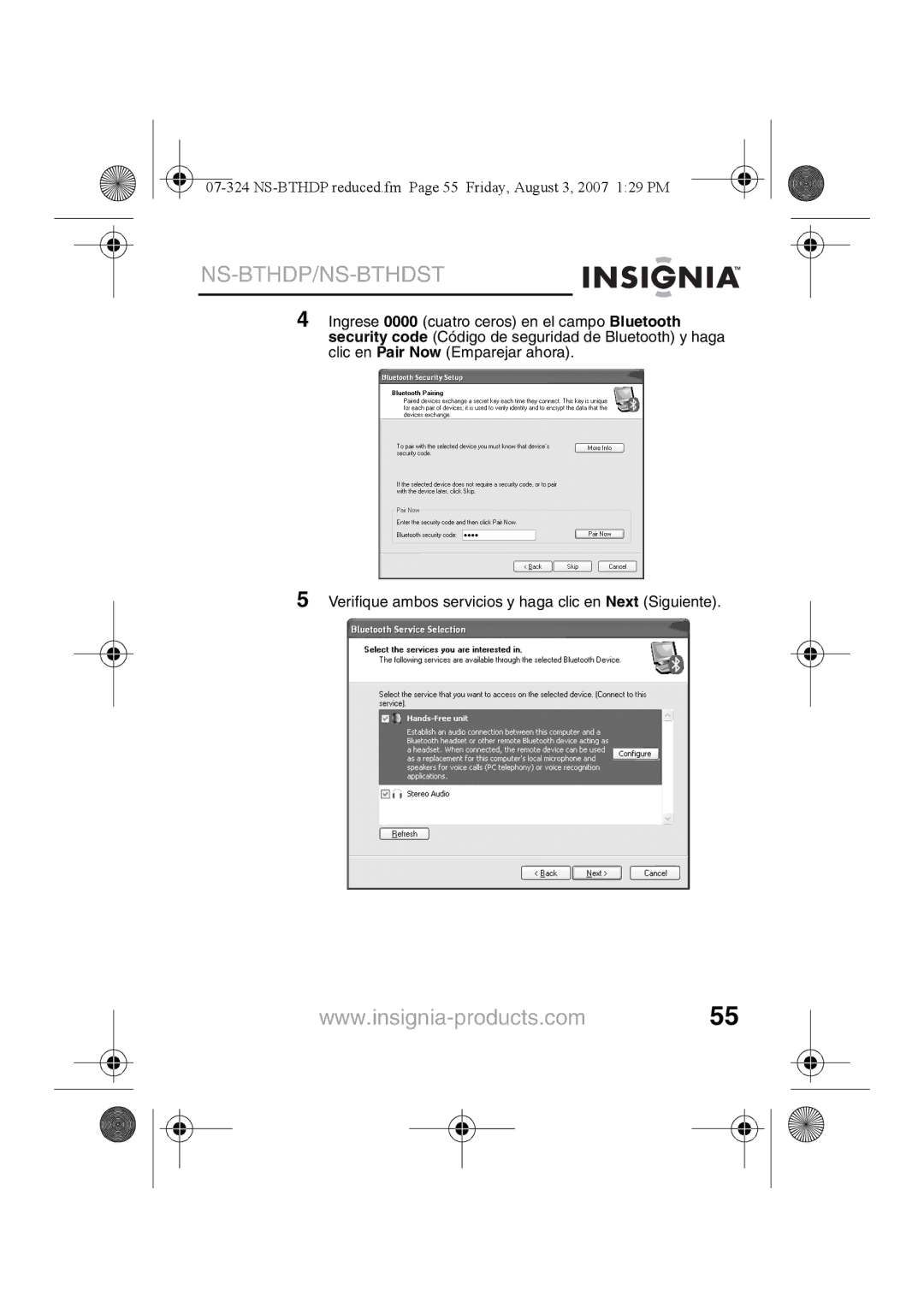 Insignia NS-BTHDST manual NS-BTHDP reduced.fm Page 55 Friday, August 3, 2007 129 PM 