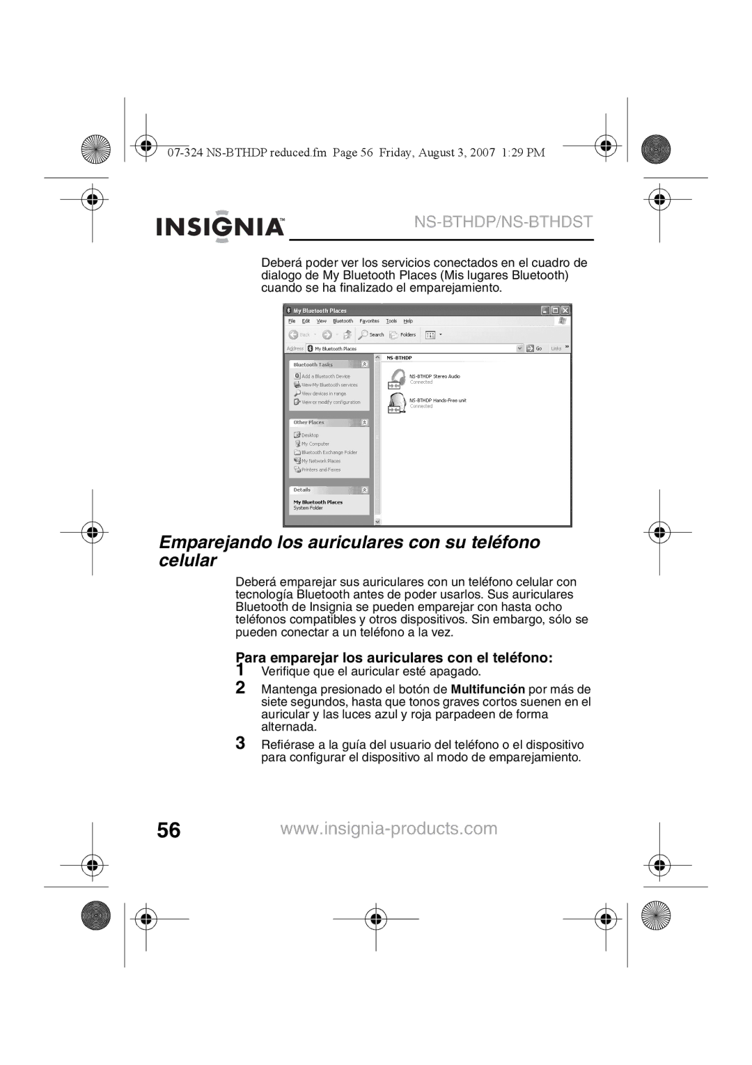 Insignia NS-BTHDST Emparejando los auriculares con su teléfono celular, Para emparejar los auriculares con el teléfono 