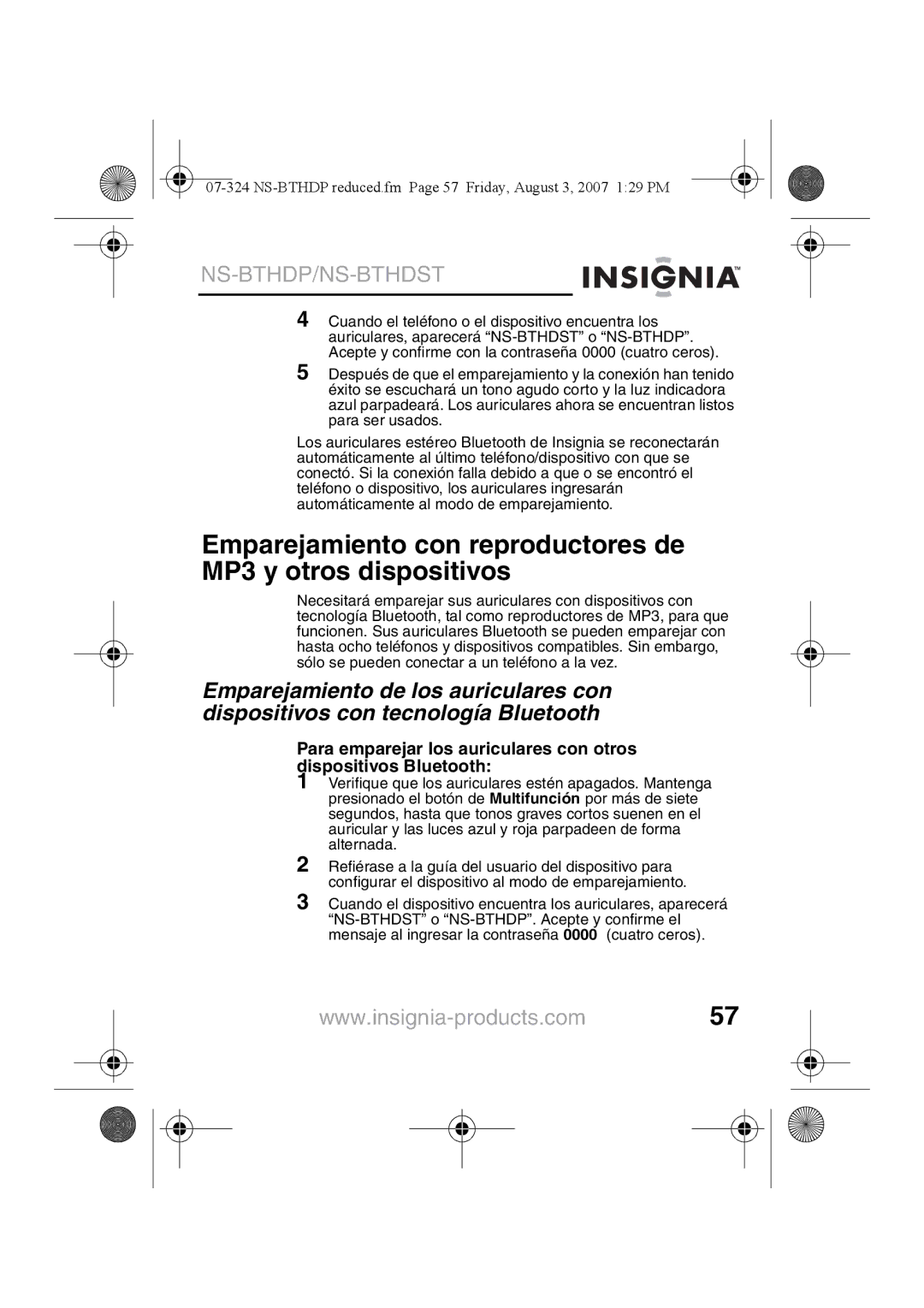 Insignia NS-BTHDST manual Emparejamiento con reproductores de MP3 y otros dispositivos 