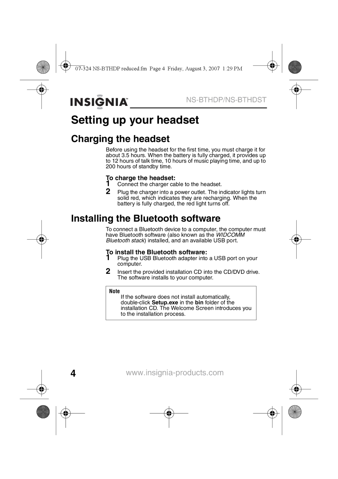 Insignia NS-BTHDST Setting up your headset, Charging the headset, Installing the Bluetooth software, To charge the headset 