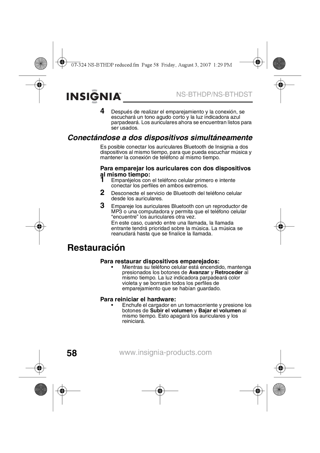 Insignia NS-BTHDST Restauración, Conectándose a dos dispositivos simultáneamente, Para restaurar dispositivos emparejados 