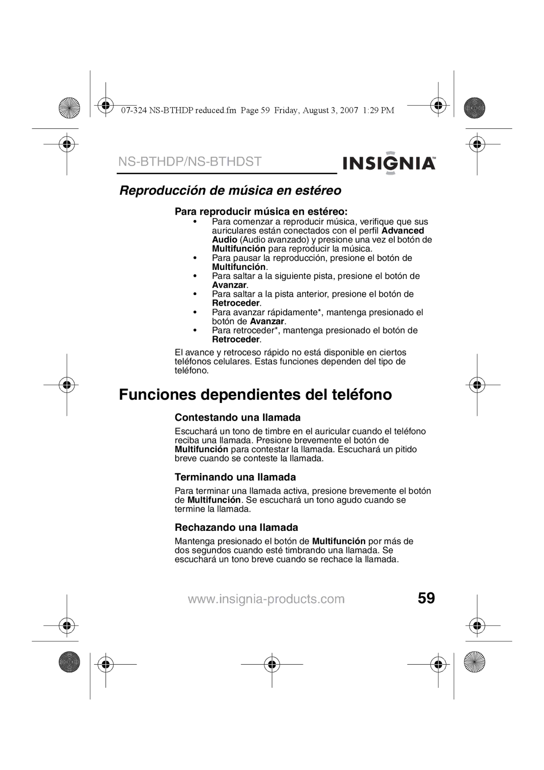 Insignia NS-BTHDST manual Funciones dependientes del teléfono, Reproducción de música en estéreo 