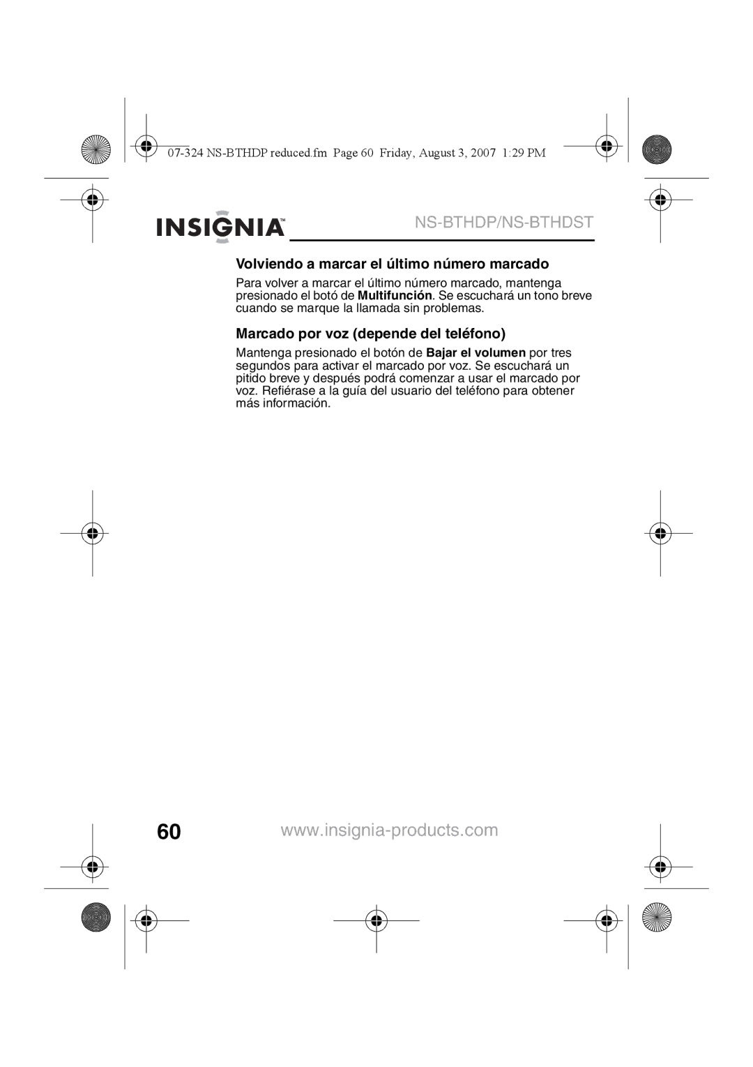 Insignia NS-BTHDST manual Volviendo a marcar el último número marcado, Marcado por voz depende del teléfono 