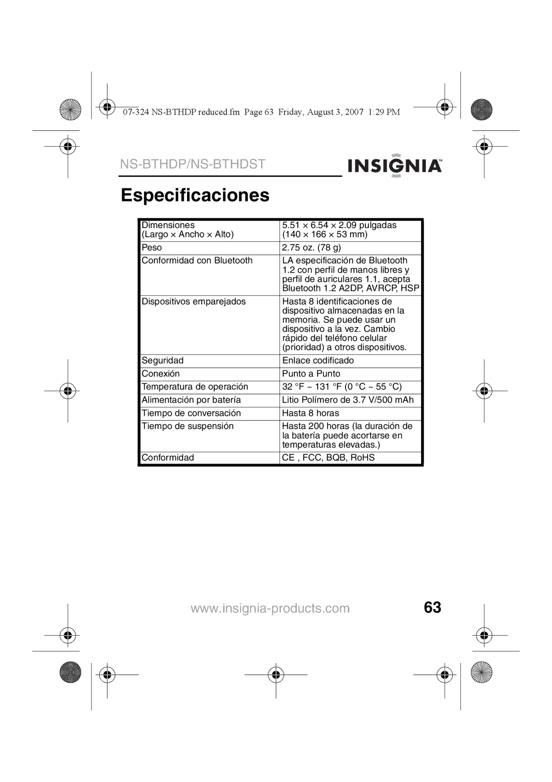 Insignia NS-BTHDST manual Especificaciones 