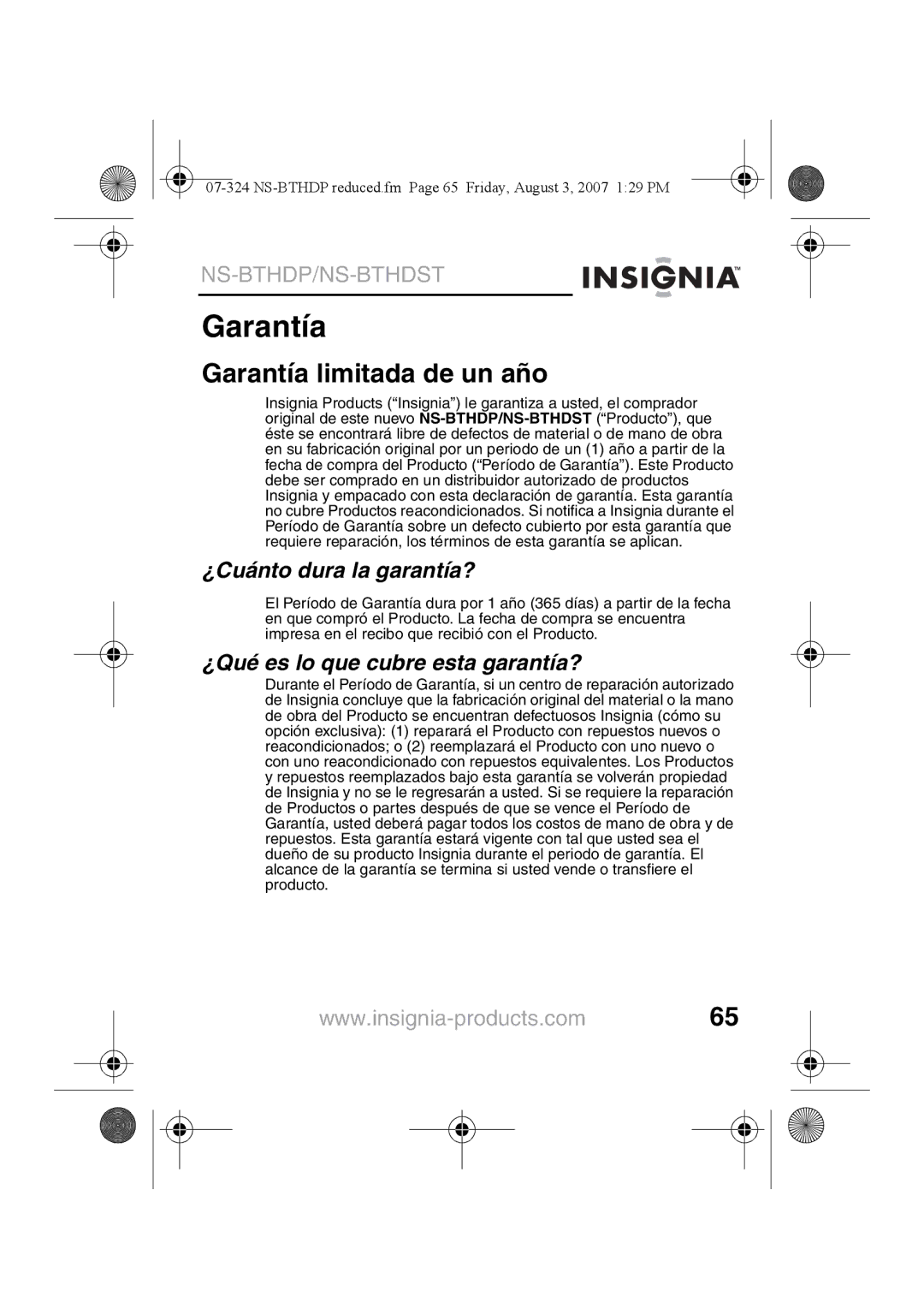 Insignia NS-BTHDST manual Garantía limitada de un año, ¿Cuánto dura la garantía?, ¿Qué es lo que cubre esta garantía? 