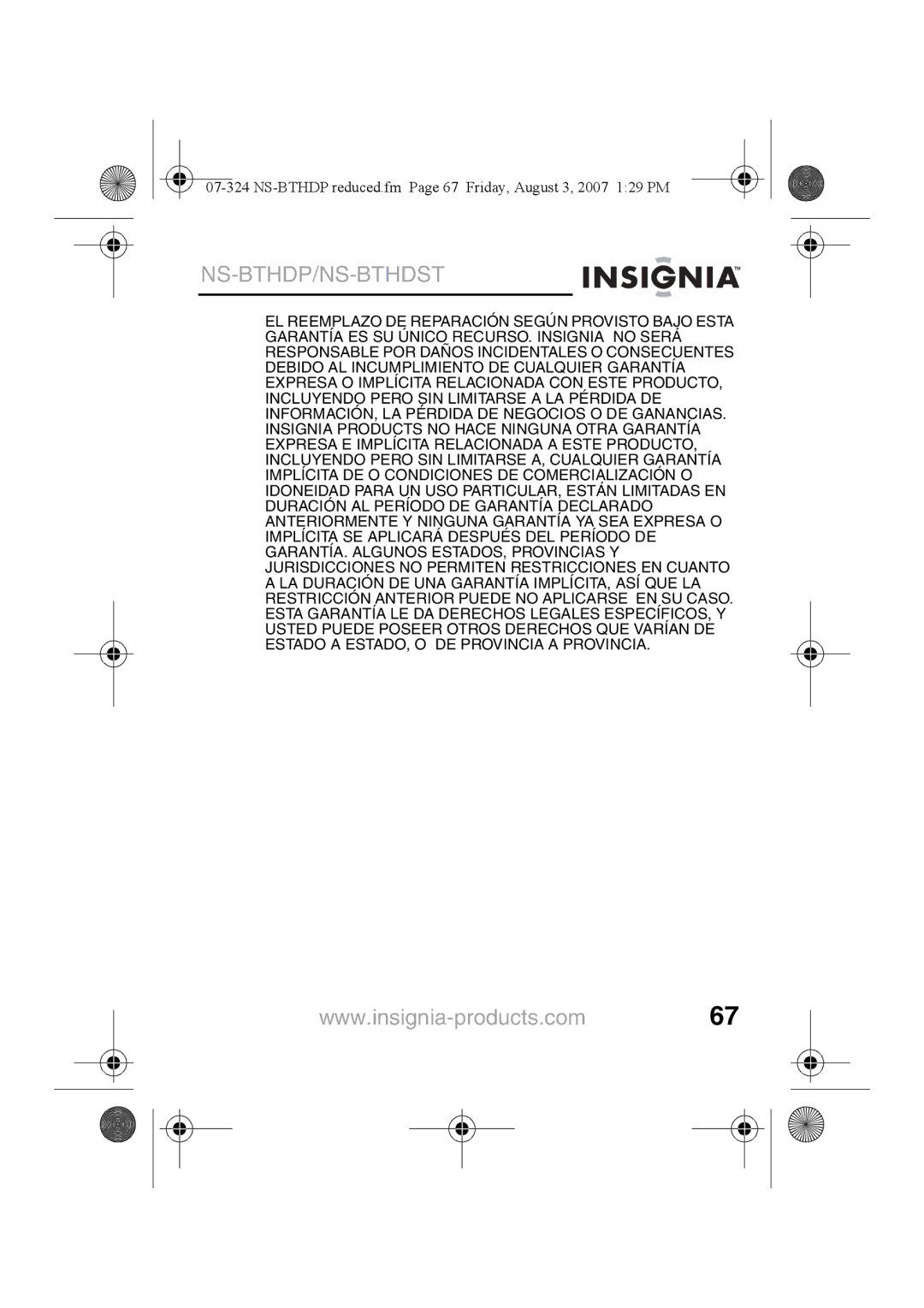 Insignia NS-BTHDST manual NS-BTHDP reduced.fm Page 67 Friday, August 3, 2007 129 PM 