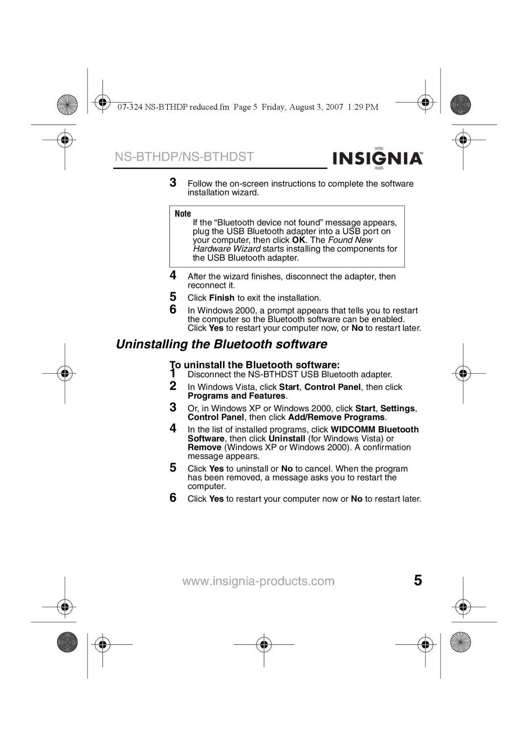 Insignia NS-BTHDST manual Uninstalling the Bluetooth software, To uninstall the Bluetooth software 