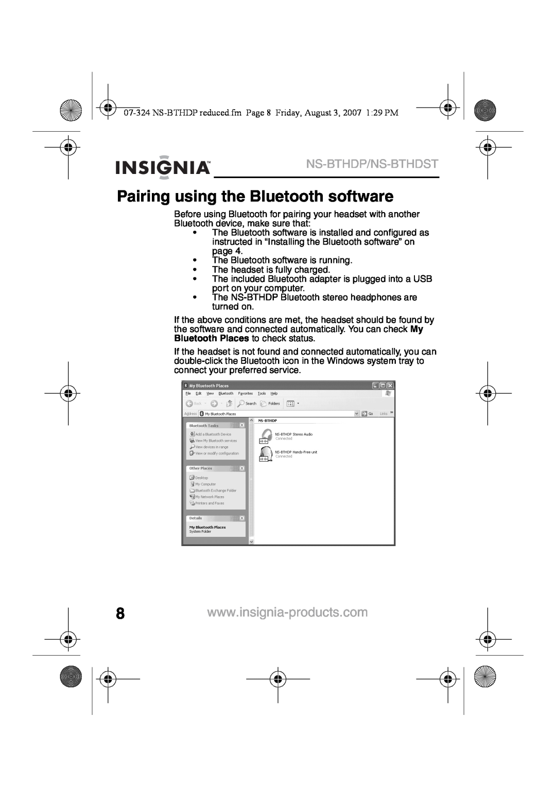 Insignia NS-BTHDST manual Pairing using the Bluetooth software, Ns-Bthdp/Ns-Bthdst 