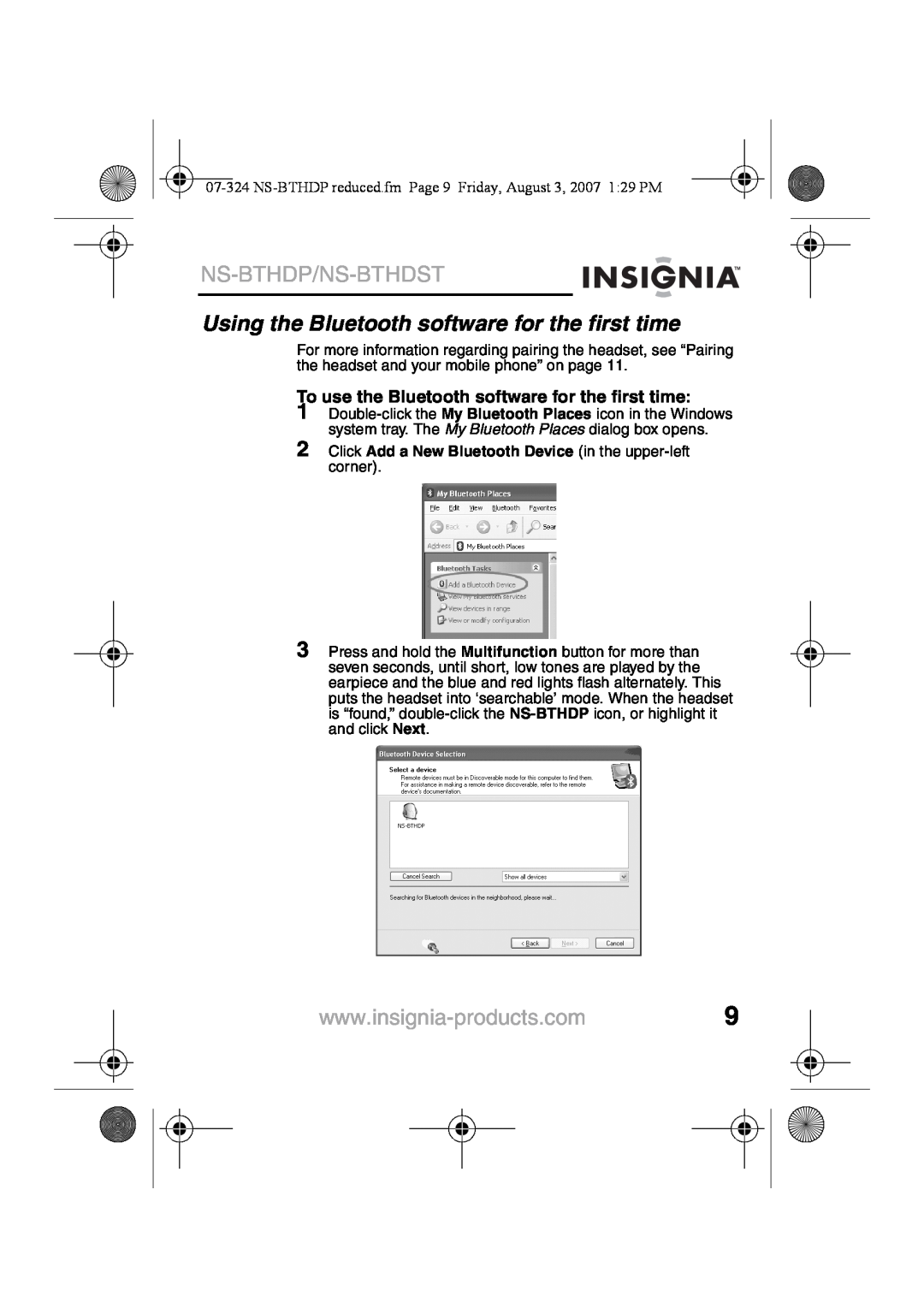 Insignia NS-BTHDST manual Using the Bluetooth software for the first time, Ns-Bthdp/Ns-Bthdst 