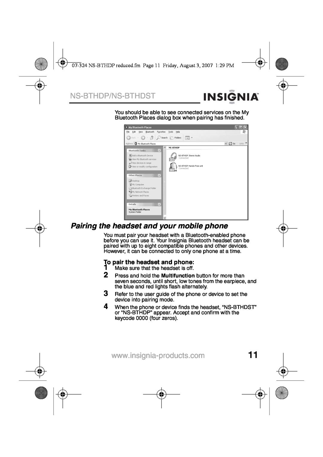 Insignia NS-BTHDST manual Pairing the headset and your mobile phone, Ns-Bthdp/Ns-Bthdst, To pair the headset and phone 