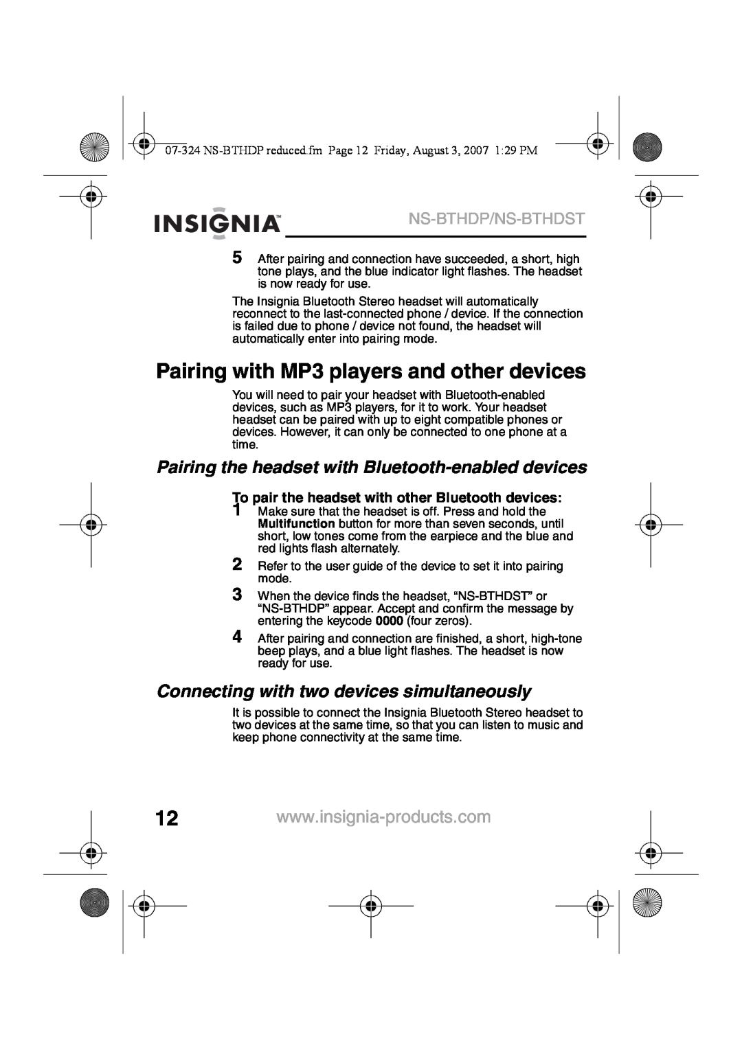 Insignia NS-BTHDST manual Pairing with MP3 players and other devices, Pairing the headset with Bluetooth-enableddevices 