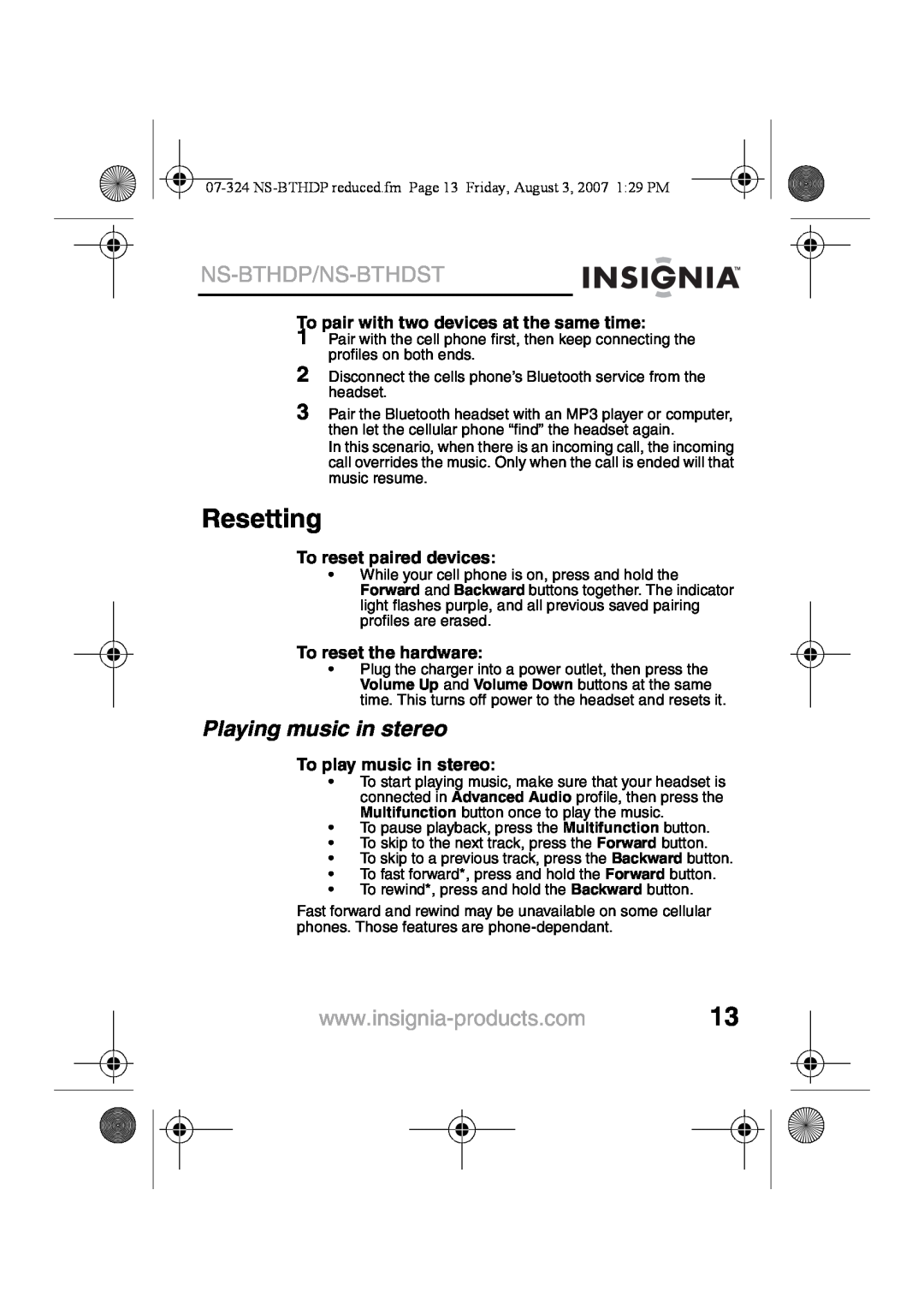 Insignia NS-BTHDST manual Resetting, Playing music in stereo, Ns-Bthdp/Ns-Bthdst, To pair with two devices at the same time 