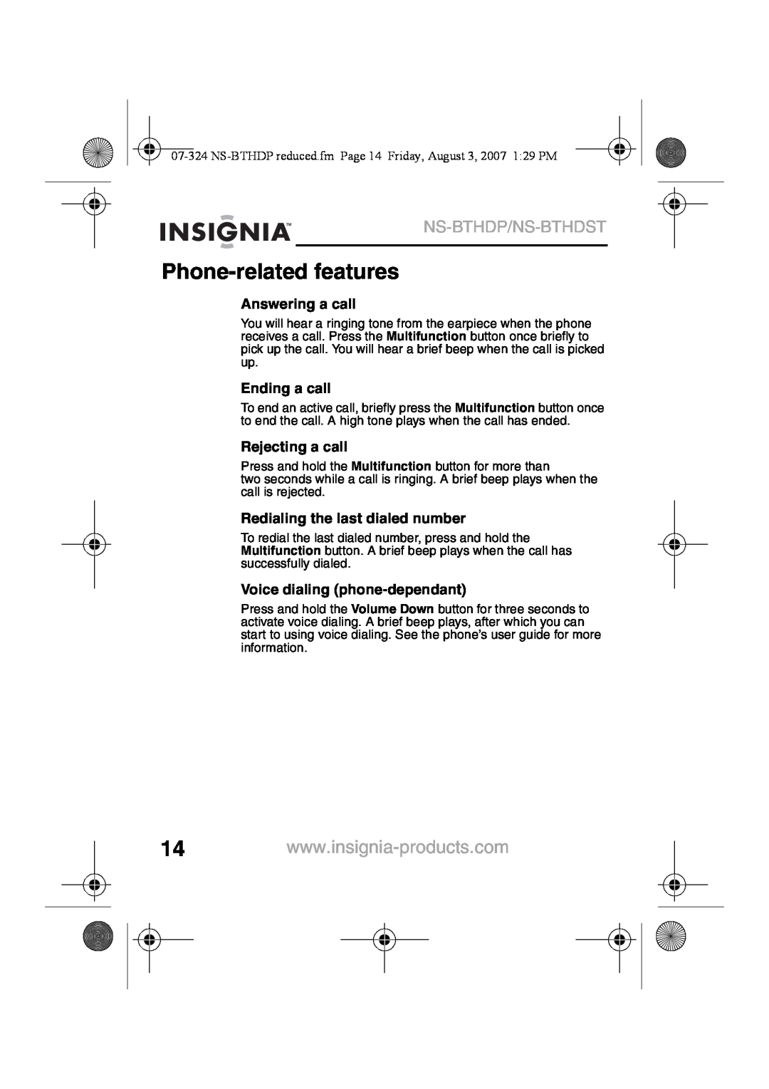 Insignia NS-BTHDST manual Phone-relatedfeatures, Ns-Bthdp/Ns-Bthdst, Answering a call, Ending a call, Rejecting a call 