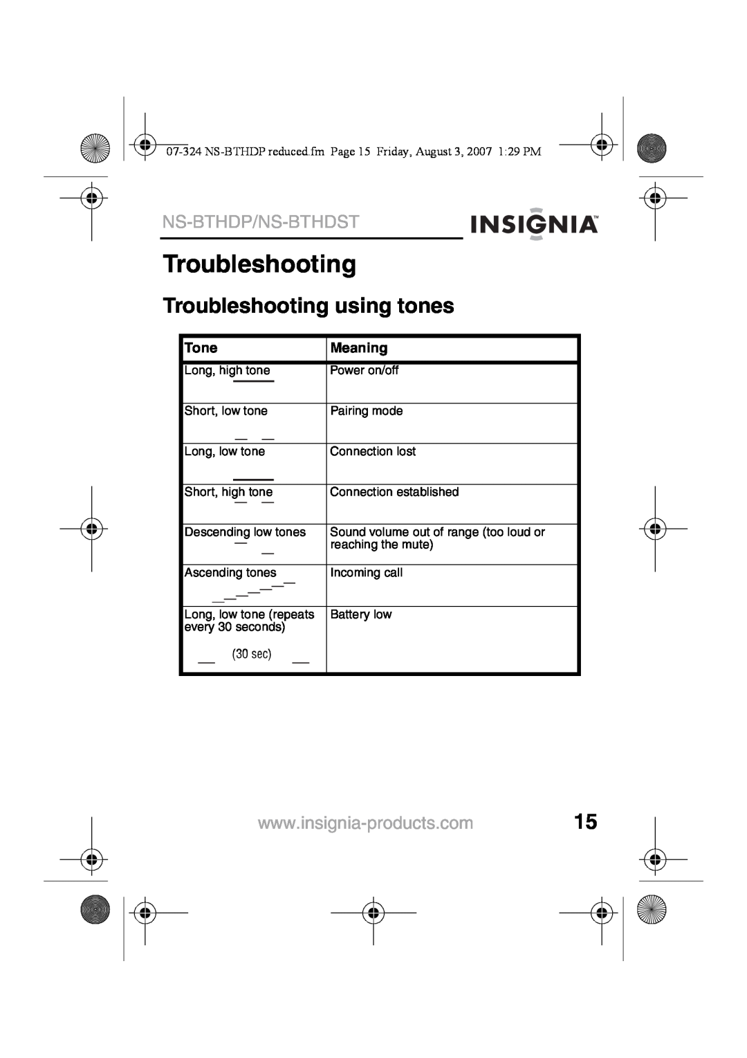 Insignia NS-BTHDST manual Troubleshooting using tones, Ns-Bthdp/Ns-Bthdst, Tone, Meaning 