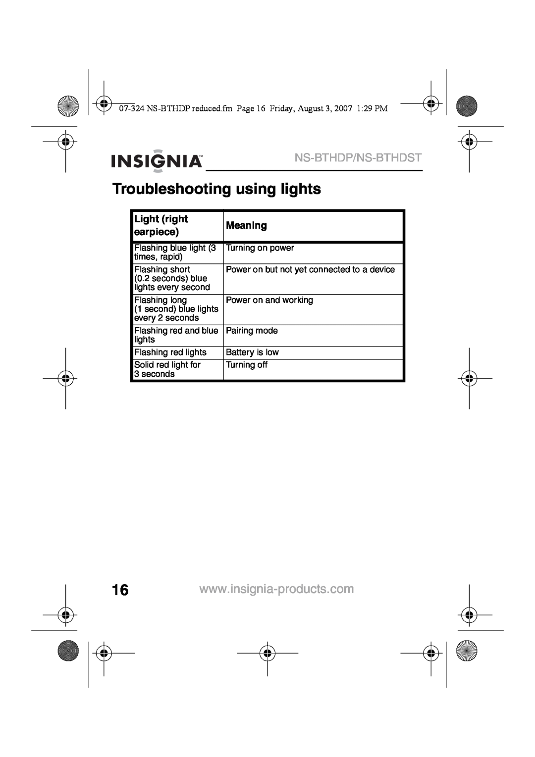 Insignia NS-BTHDST manual Troubleshooting using lights, Ns-Bthdp/Ns-Bthdst, Light right, Meaning, earpiece 