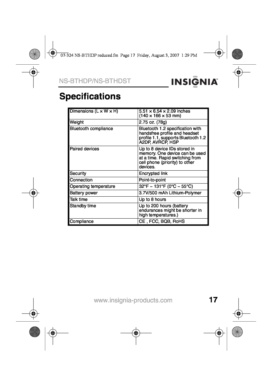 Insignia NS-BTHDST manual Specifications, Ns-Bthdp/Ns-Bthdst 