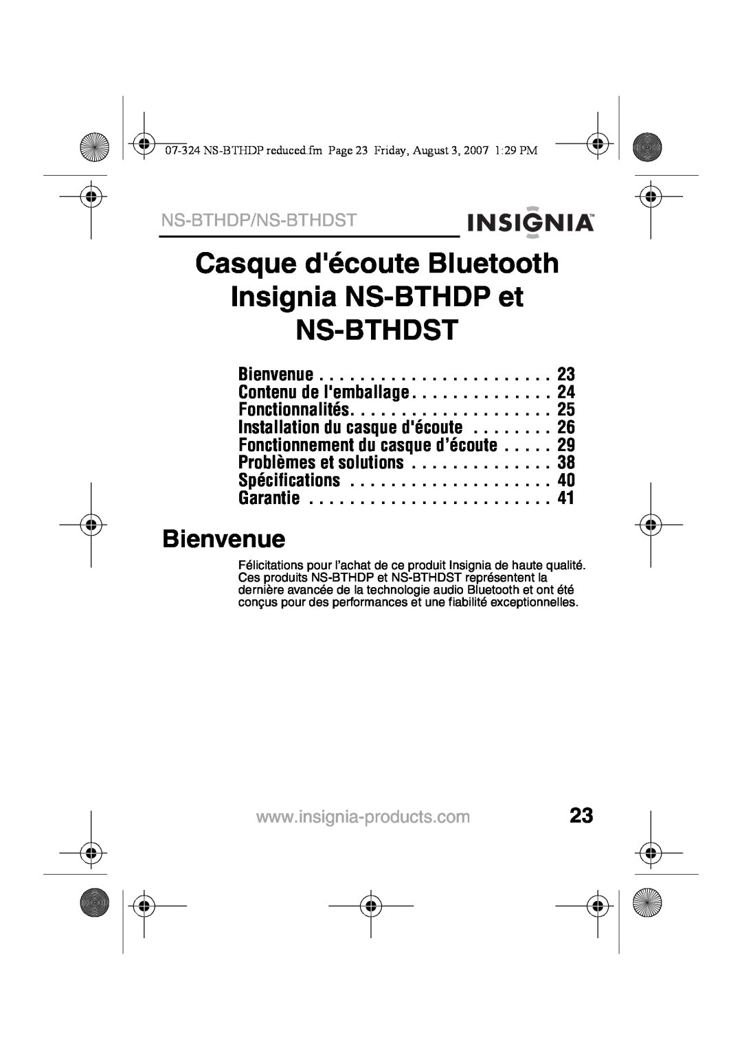 Insignia NS-BTHDST manual Casque découte Bluetooth Insignia NS-BTHDPet, Bienvenue, Ns-Bthdp/Ns-Bthdst 