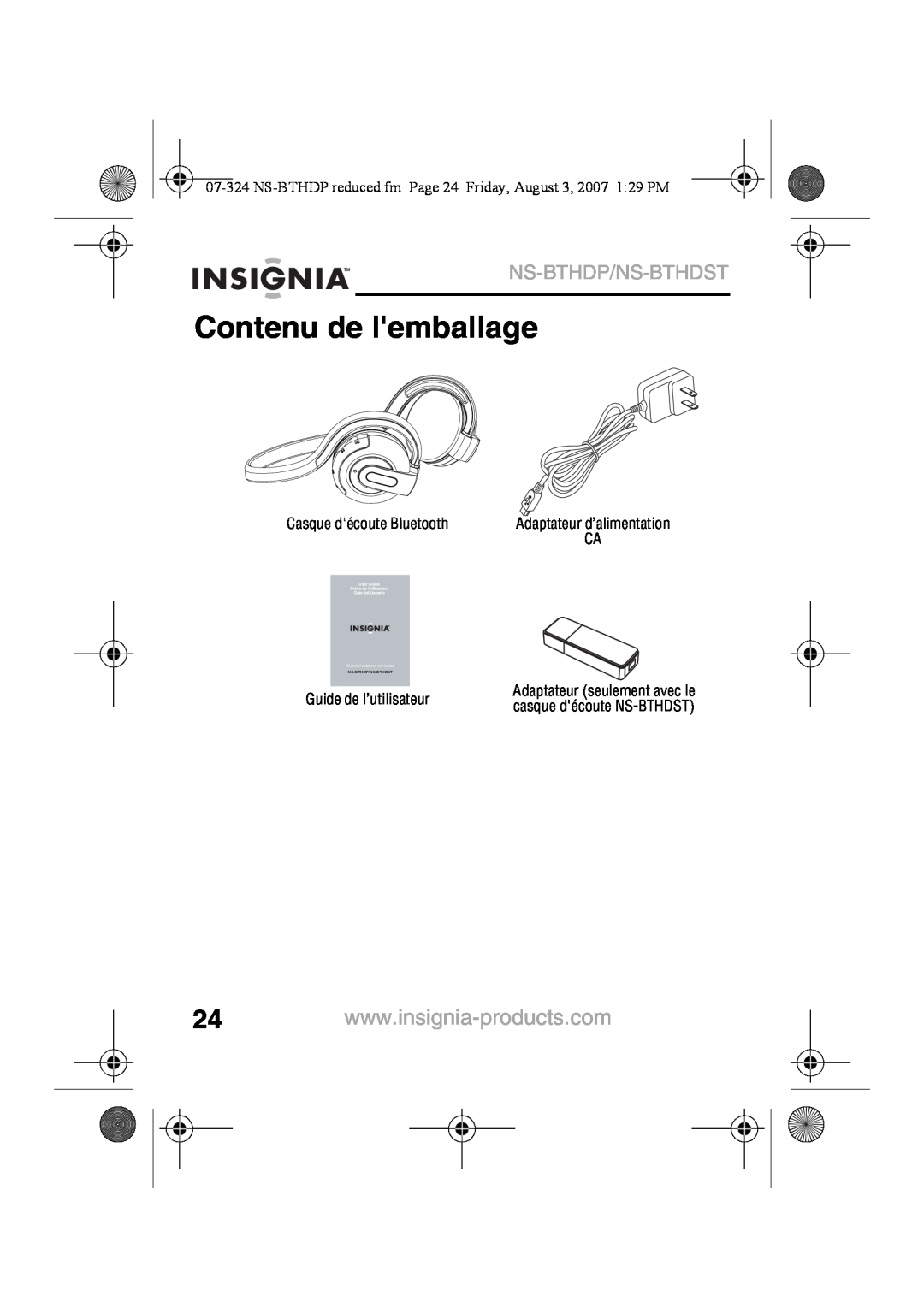 Insignia NS-BTHDST manual Contenu de lemballage, Ns-Bthdp/Ns-Bthdst, Adaptateur d’alimentation, Guide de l’utilisateur 