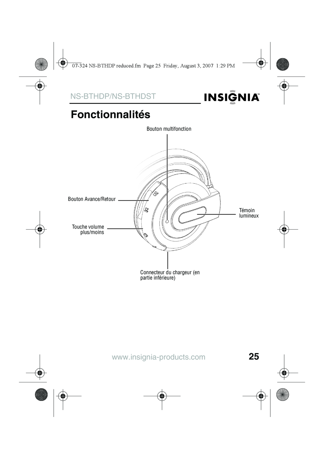 Insignia NS-BTHDST manual Fonctionnalités, Ns-Bthdp/Ns-Bthdst, Touche volume plus/moins 