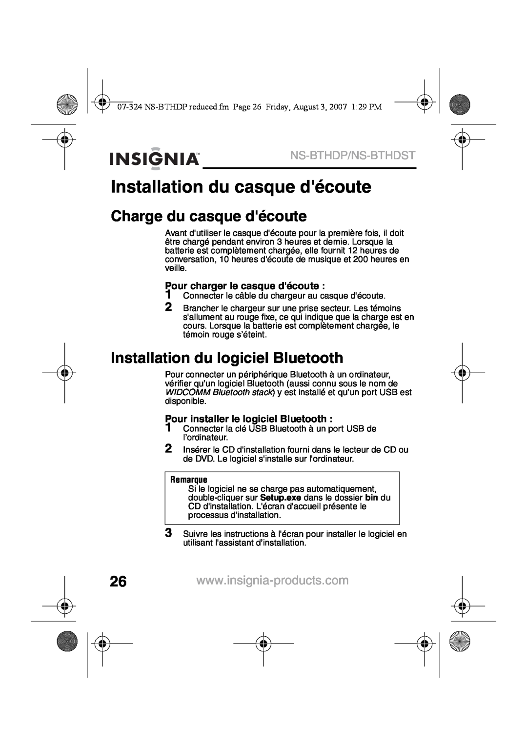 Insignia NS-BTHDST Installation du casque découte, Charge du casque découte, Installation du logiciel Bluetooth, Remarque 