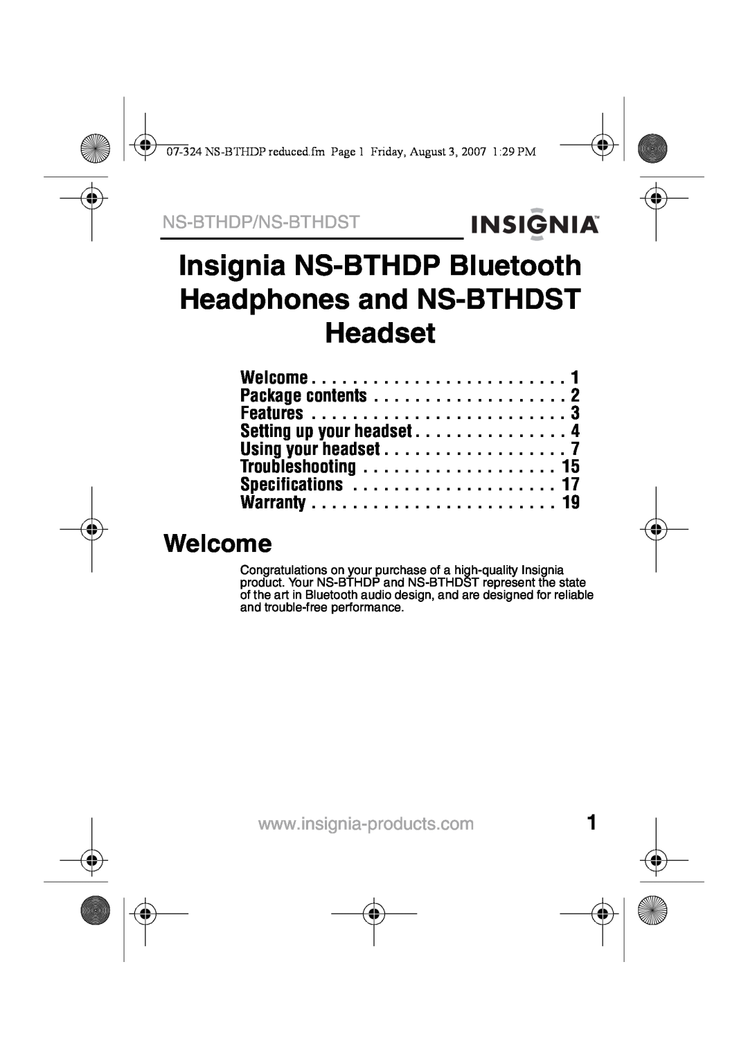 Insignia manual Insignia NS-BTHDPBluetooth, Headphones and NS-BTHDST Headset, Welcome, Ns-Bthdp/Ns-Bthdst 