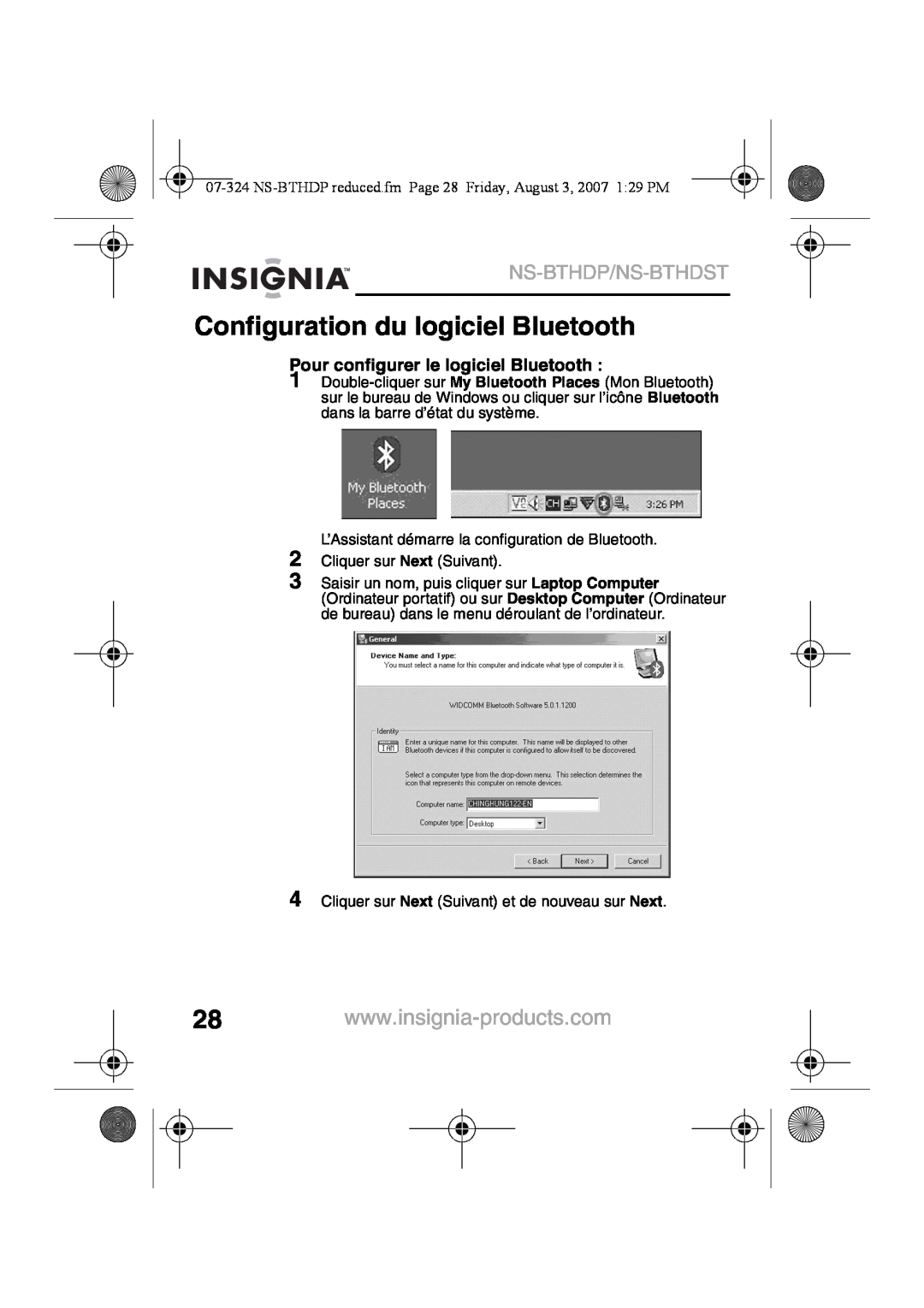 Insignia NS-BTHDST manual Configuration du logiciel Bluetooth, Ns-Bthdp/Ns-Bthdst, Pour configurer le logiciel Bluetooth 