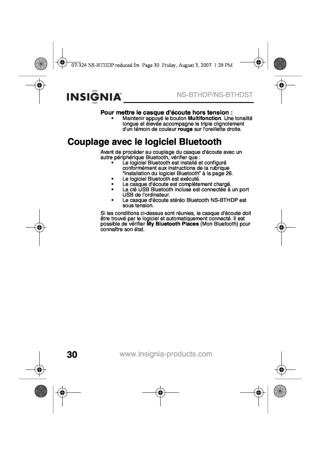 Insignia NS-BTHDST Couplage avec le logiciel Bluetooth, Ns-Bthdp/Ns-Bthdst, Pour mettre le casque découte hors tension 