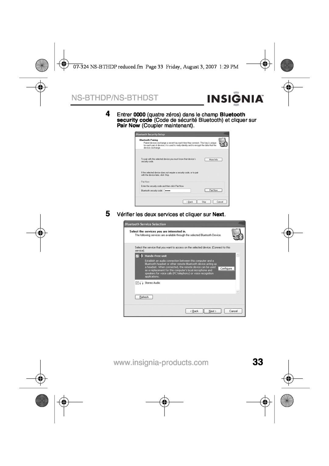Insignia NS-BTHDST manual Ns-Bthdp/Ns-Bthdst, 5Vérifier les deux services et cliquer sur Next 