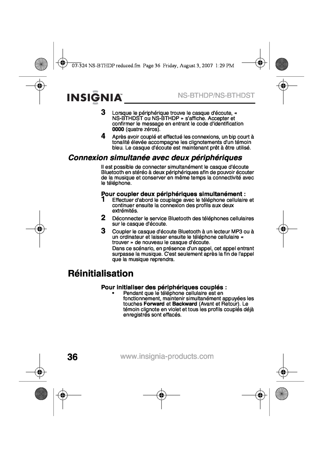 Insignia NS-BTHDST manual Réinitialisation, Connexion simultanée avec deux périphériques, Ns-Bthdp/Ns-Bthdst 