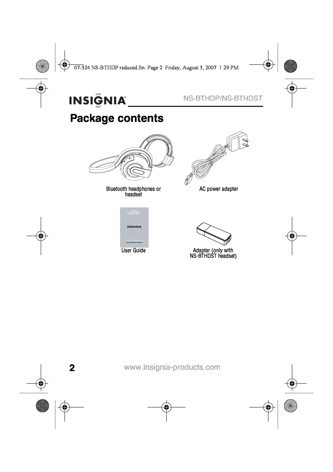 Insignia NS-BTHDST Package contents, Ns-Bthdp/Ns-Bthdst, Bluetooth headphones or, AC power adapter, headset, User Guide 