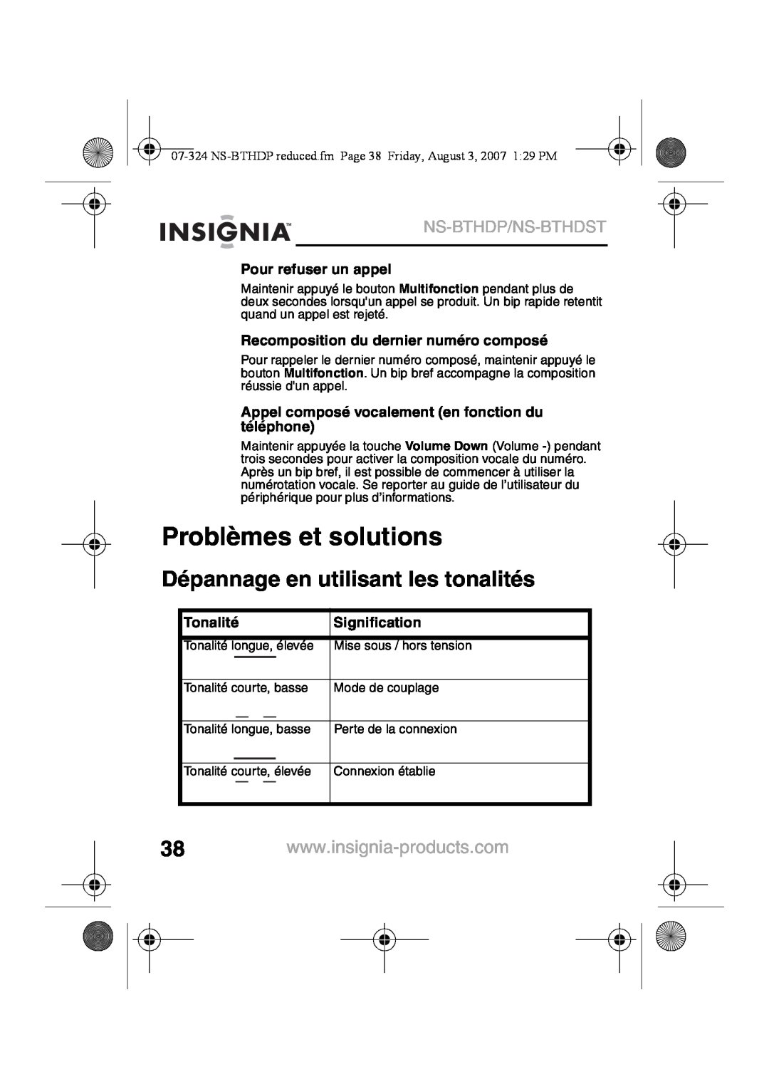 Insignia NS-BTHDST Problèmes et solutions, Dépannage en utilisant les tonalités, Ns-Bthdp/Ns-Bthdst, Pour refuser un appel 