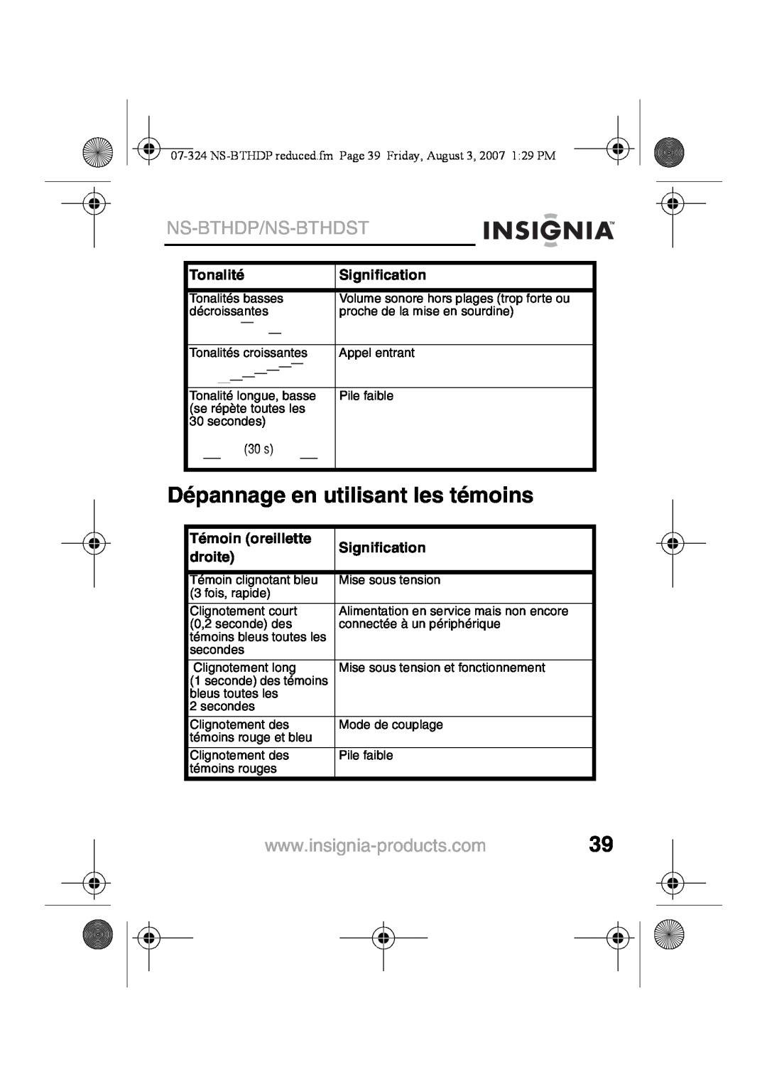 Insignia NS-BTHDST Dépannage en utilisant les témoins, Ns-Bthdp/Ns-Bthdst, Tonalité, Signification, Témoin oreillette 