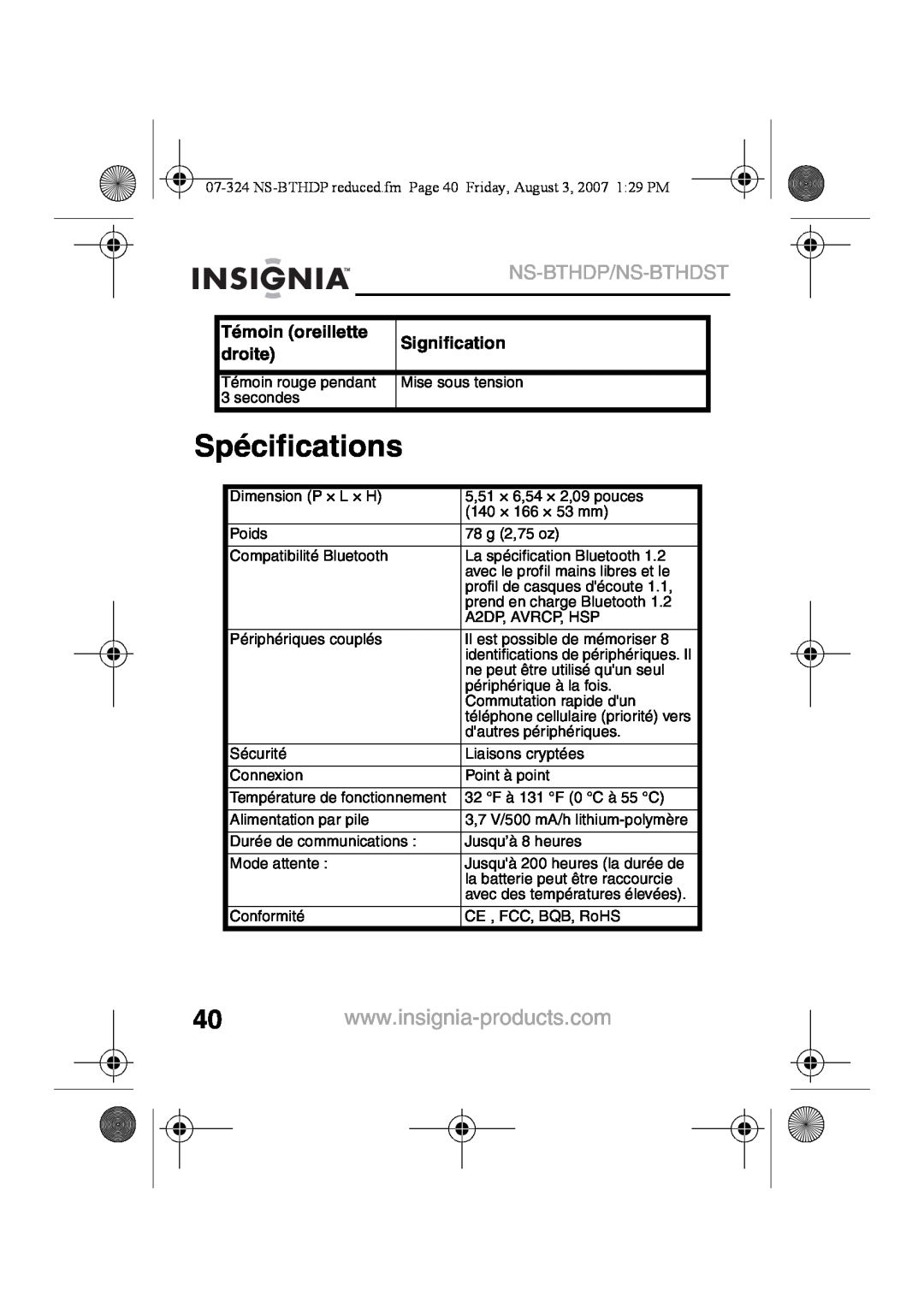 Insignia NS-BTHDST manual Spécifications, Ns-Bthdp/Ns-Bthdst, Témoin oreillette, Signification, droite 
