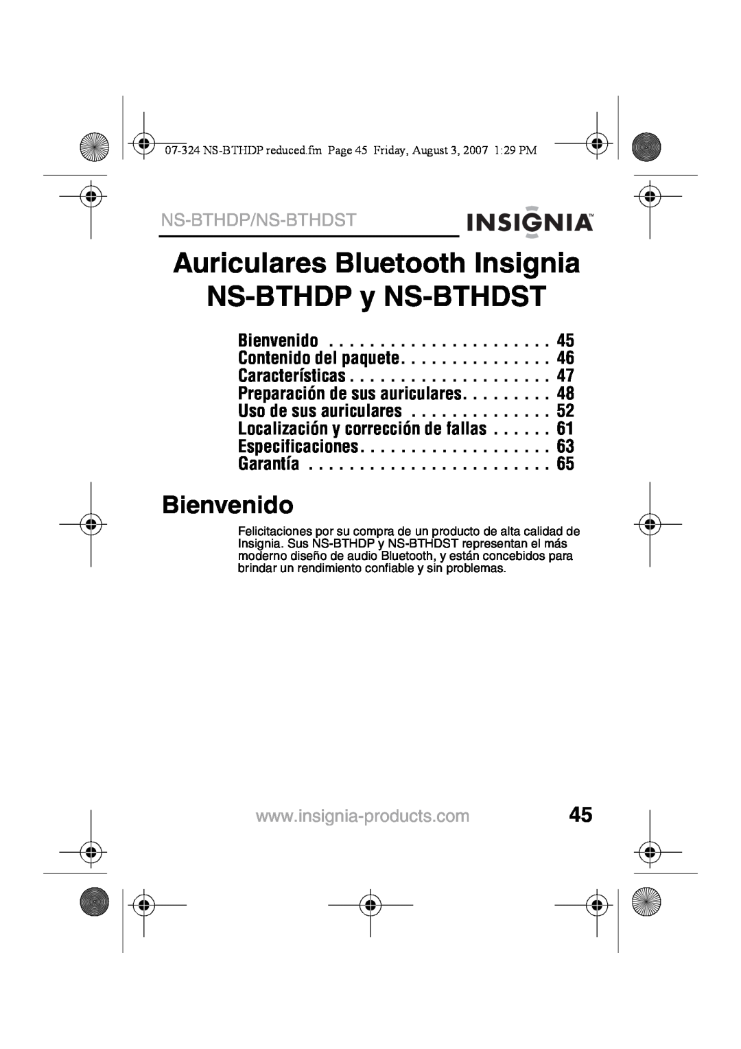 Insignia manual Auriculares Bluetooth Insignia, NS-BTHDPy NS-BTHDST, Bienvenido, Ns-Bthdp/Ns-Bthdst 