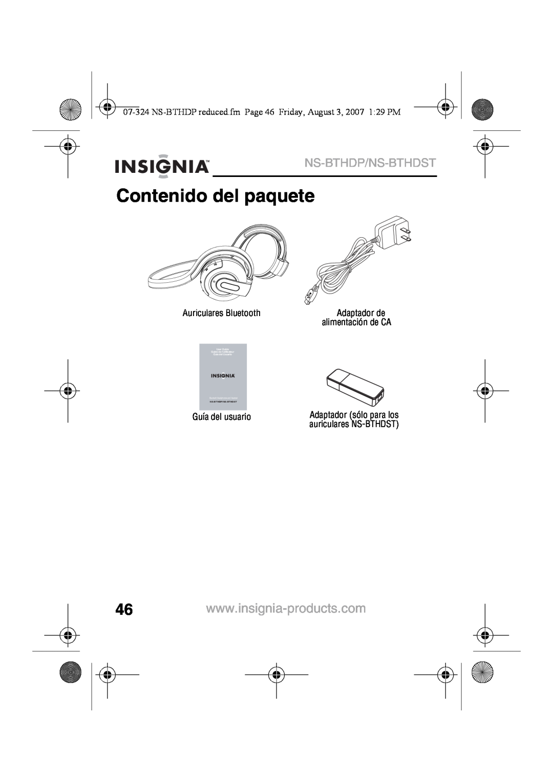 Insignia manual Contenido del paquete, Ns-Bthdp/Ns-Bthdst, alimentación de CA, Guía del usuario, auriculares NS-BTHDST 