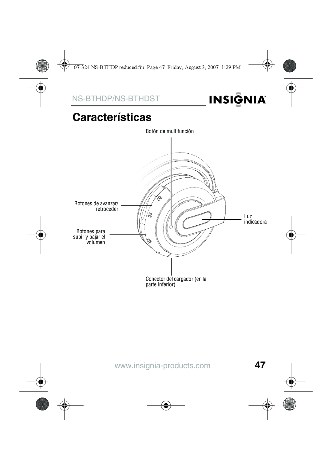 Insignia NS-BTHDST manual Características, Ns-Bthdp/Ns-Bthdst, Botones de avanzar/ retroceder 