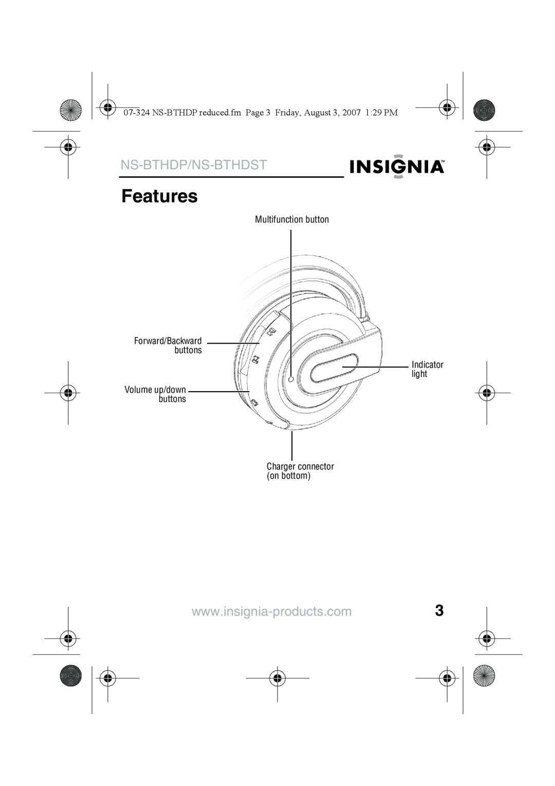 Insignia NS-BTHDST manual Features, Ns-Bthdp/Ns-Bthdst, Forward/Backward buttons Volume up/down buttons 