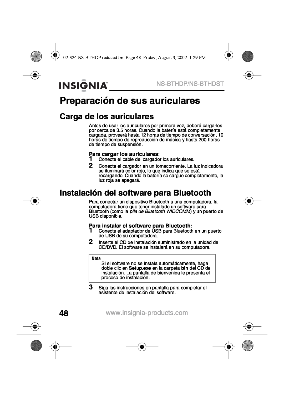Insignia NS-BTHDST Preparación de sus auriculares, Carga de los auriculares, Instalación del software para Bluetooth, Nota 