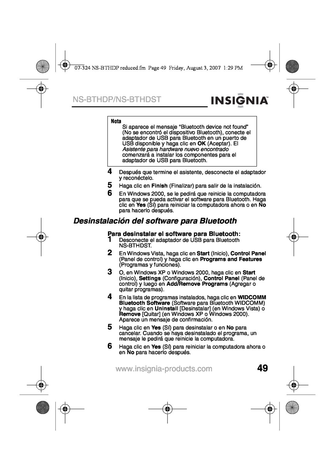 Insignia NS-BTHDST manual Desinstalación del software para Bluetooth, Ns-Bthdp/Ns-Bthdst, Nota 